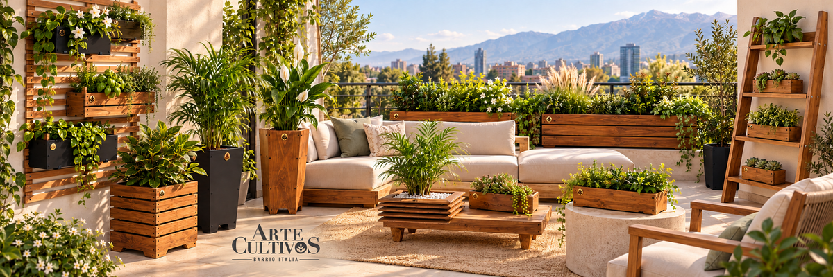 Terraza ambientada Artecultivos con treillage, Tekun, repisas y maceteros — composición referencial con IA