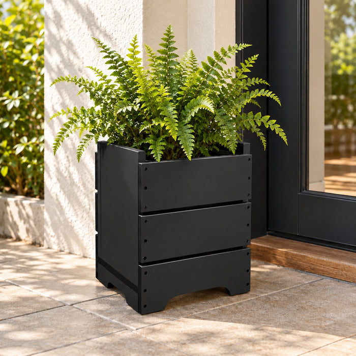 Macetero de madera Kinm Motri 30 con ruedas ocultas y autorriego Hidrocapture, color negro, con planta – Artecultivos