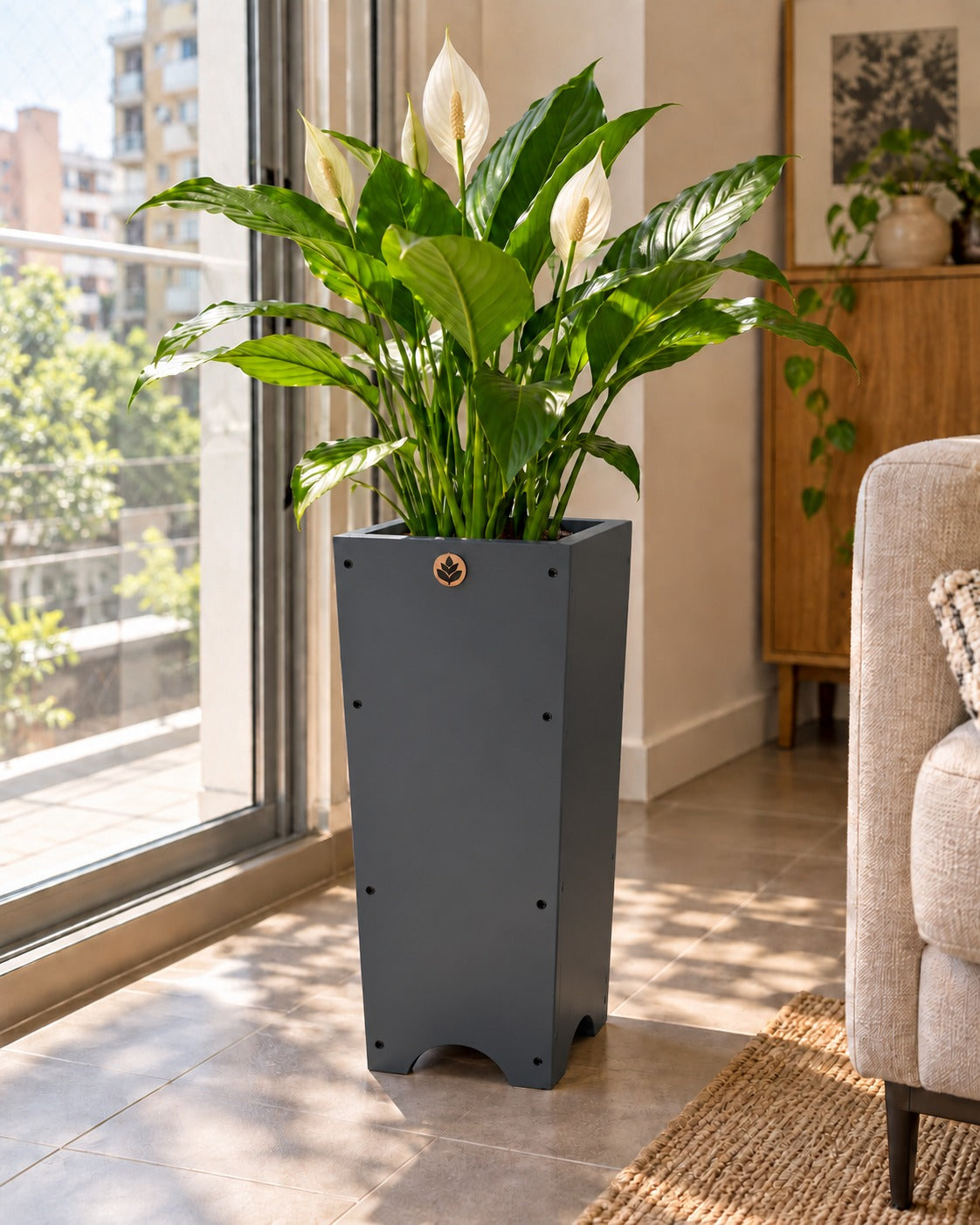 Macetero de madera Lonco 5 con autorriego Hidrocapture, color gris, con planta – Artecultivos