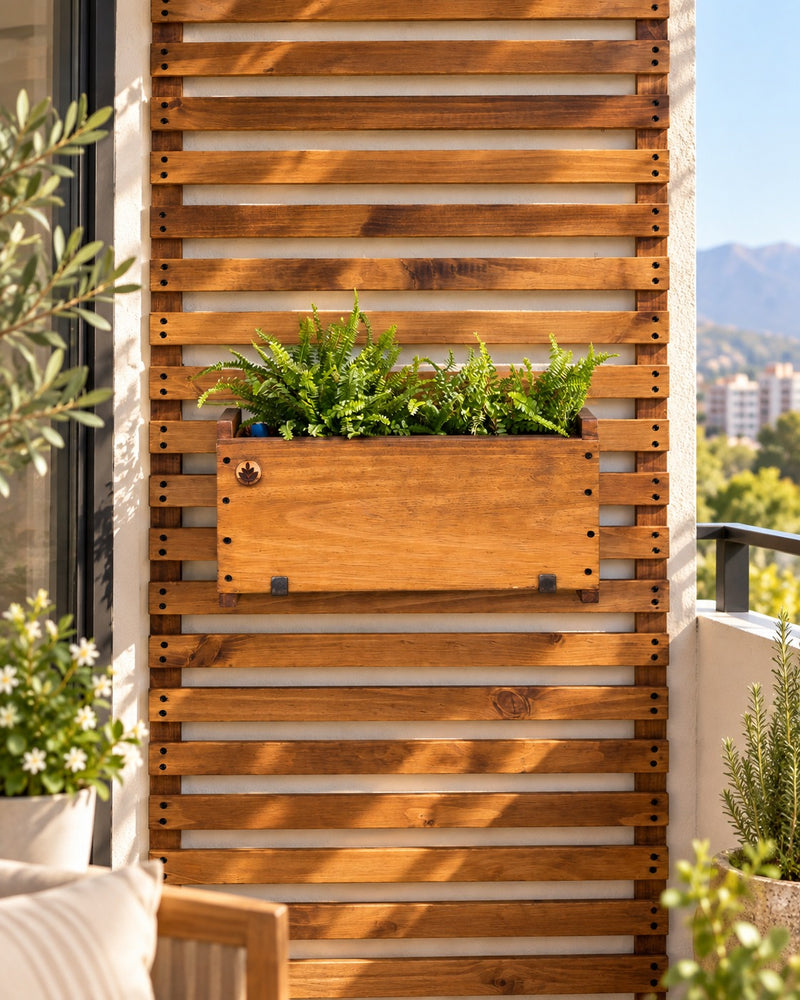Jardinera de madera Kiñe Premium con autorriego Hidrocapture, color habano, con plantas – Artecultivos