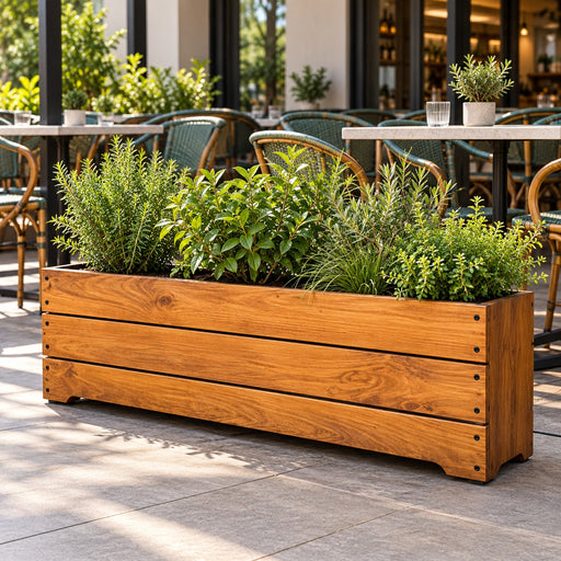 Macetero de madera Kinm Motri 100 cm para terrazas y restoranes, con ruedas ocultas, color habano, con plantas – Artecultivos