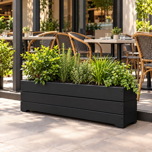 Macetero de madera Kinm Motri 100 cm para terrazas y restoranes, con ruedas ocultas, color negro, con plantas – Artecultivos