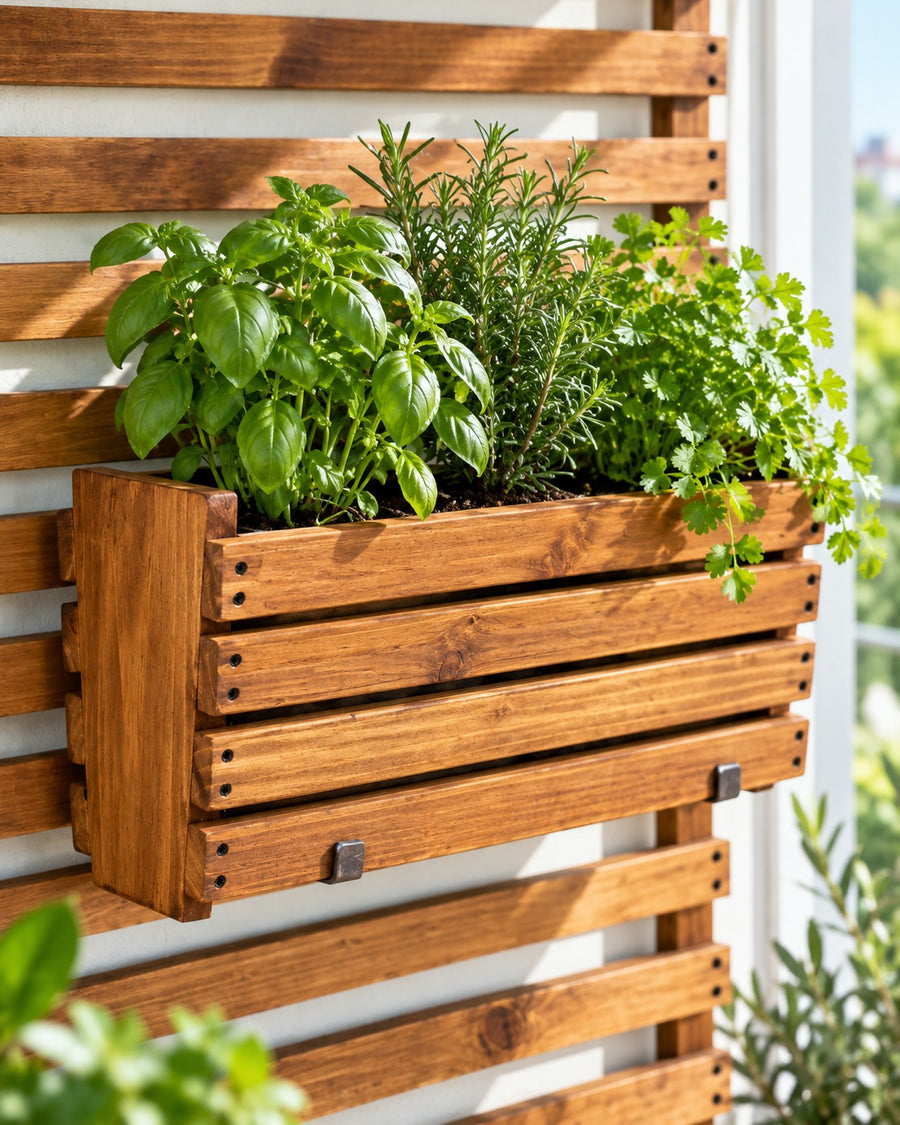 Macetero de madera Tekun Elite para pared y balcón, con autorriego Hidrocapture, color habano, con plantas – Artecultivos