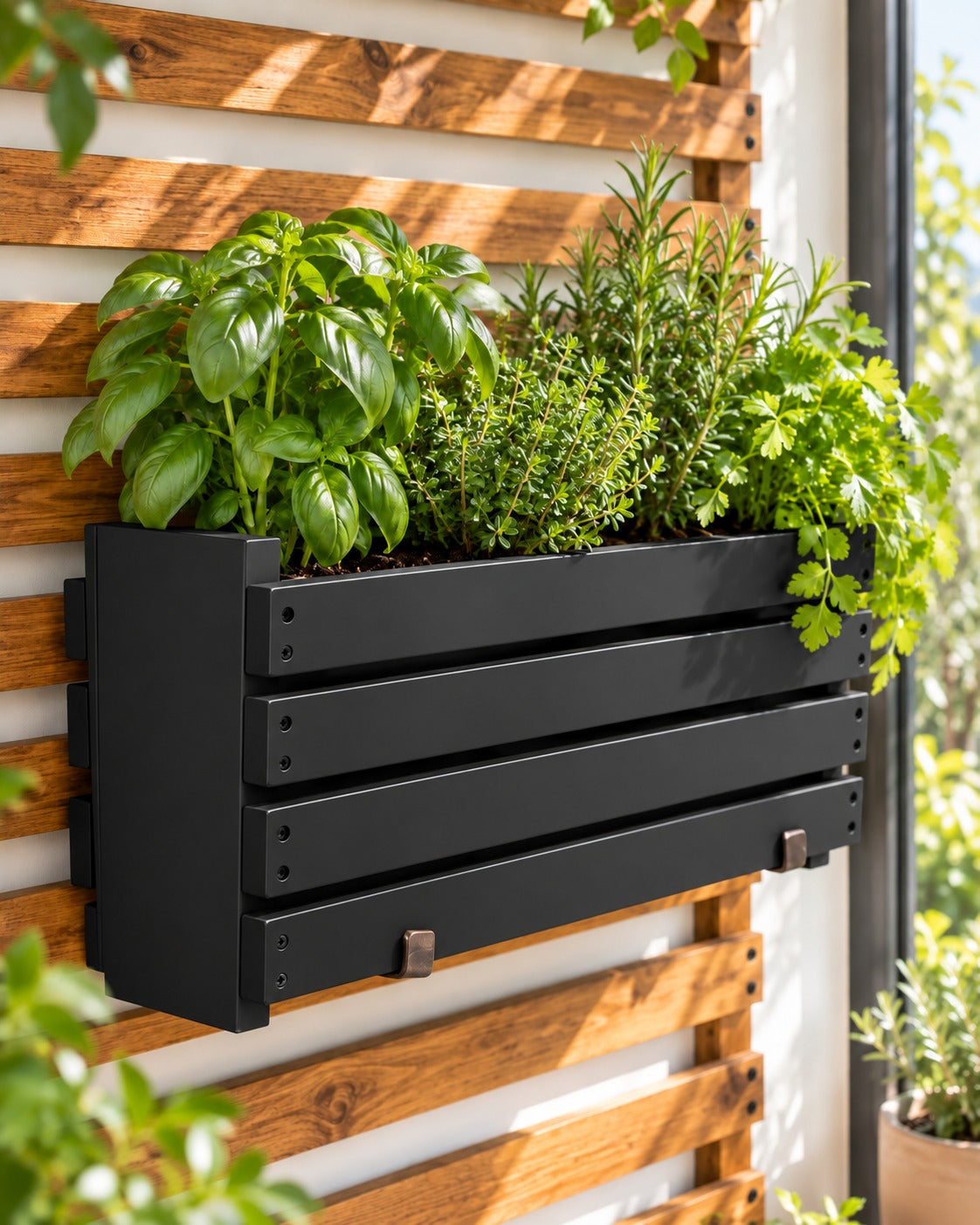 Macetero de madera Tekun Elite para pared y balcón, con autorriego Hidrocapture, color negro, con plantas – Artecultivos